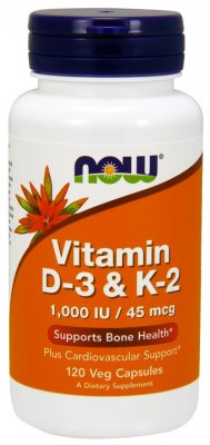 NOW Foods Vitamin D-3 & K-2 1000 IE 45 mcg 120 kapslar