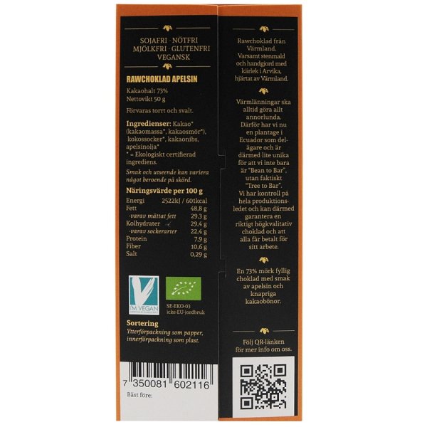 Wermlandschoklad Apelsin Eko Raw 50g