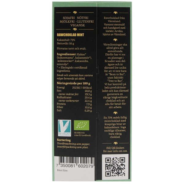 Wermlandschoklad Mint Nibs EKO Raw 50g