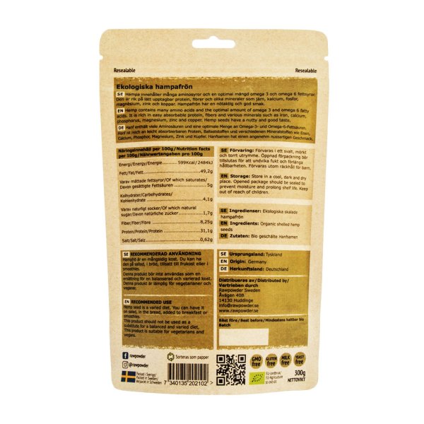 Rawpowder Hampafrön Skalad EKO 300 g