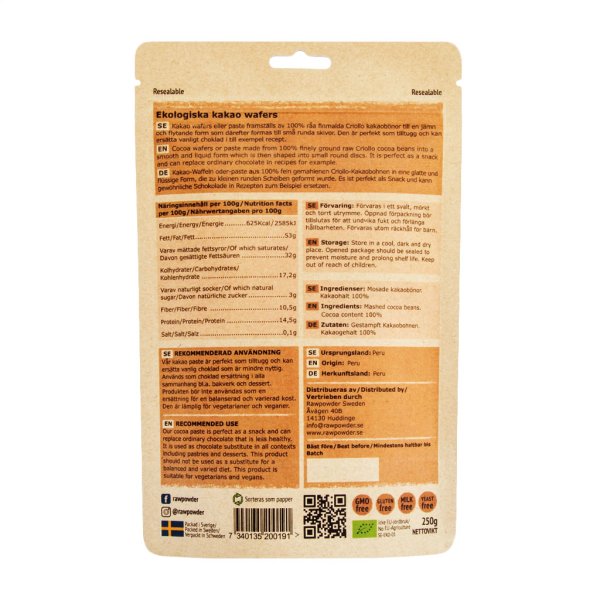 Rawpowder Kakao Wafers EKO 250 g