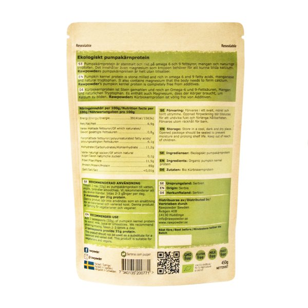 Rawpowder Pumpakärnprotein 63% EKO 450 g